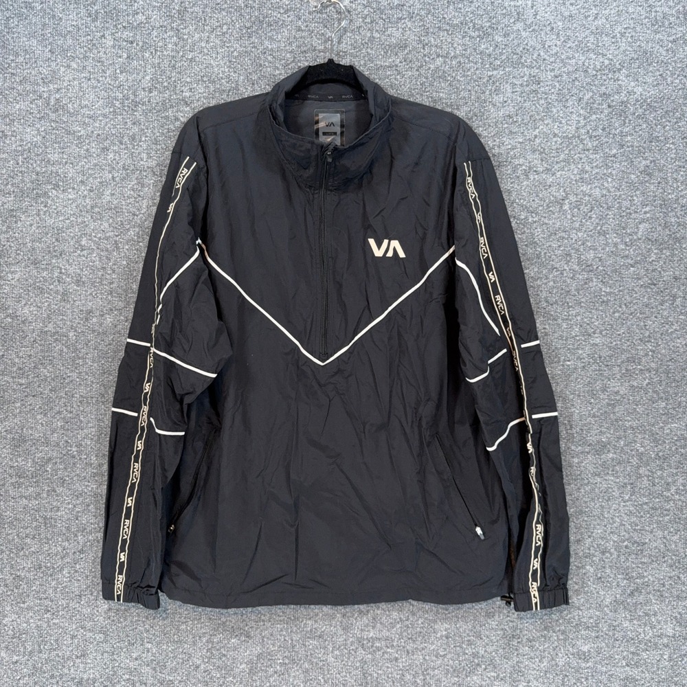 RVCA Windbreaker Jacket Men Large Black Logo Tape Half Zip Pullover Track Jacket